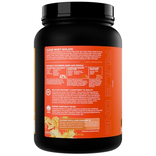 Rule 1 Clear Whey Isolate peach mango glass promotes quick hydration with clean protein.