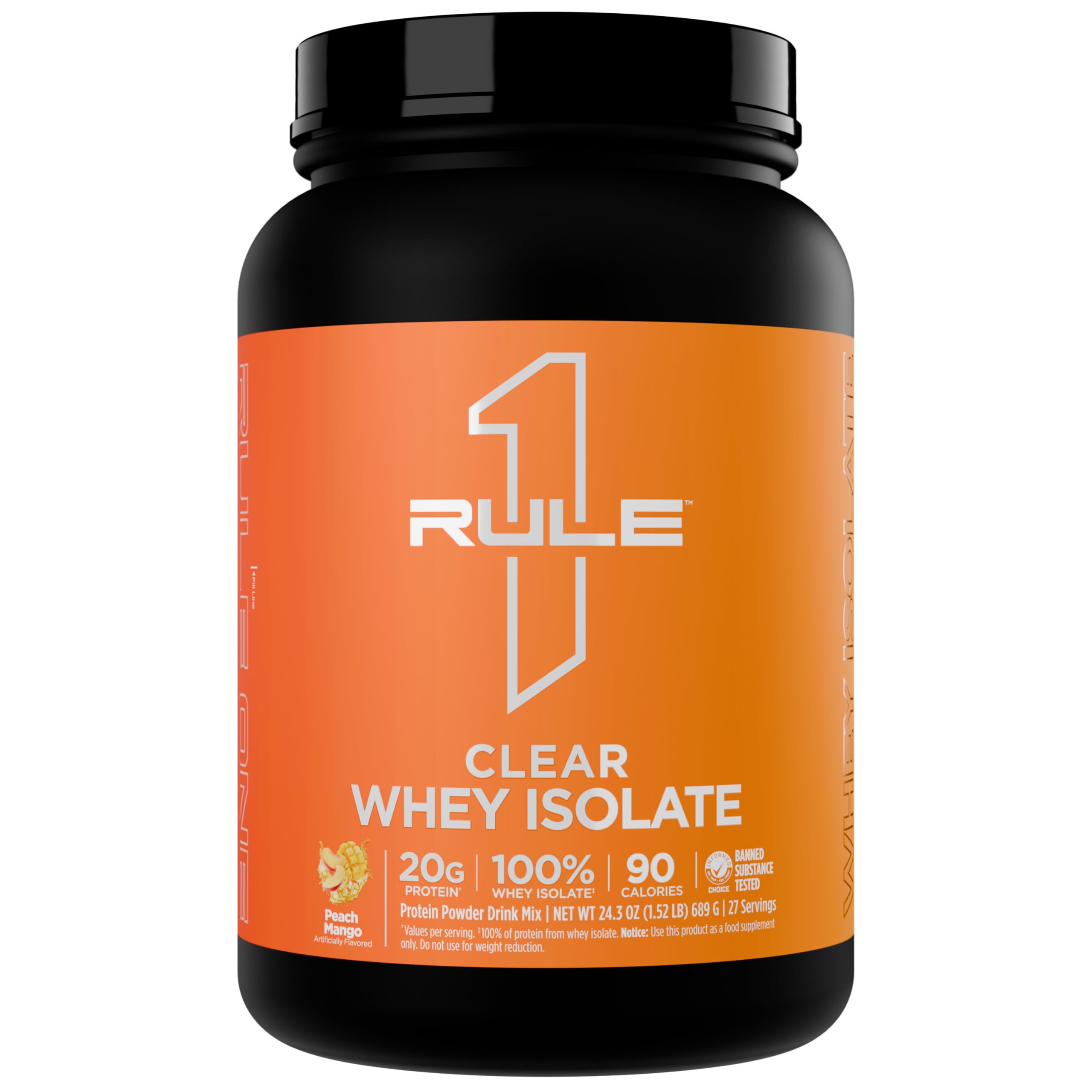 Rule 1 Clear Whey Isolate peach mango powder for post-workout protein with zero sugar.