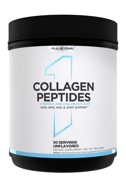 Rule 1 Collagen Peptides Powder bottle showing hair, skin, and nails support