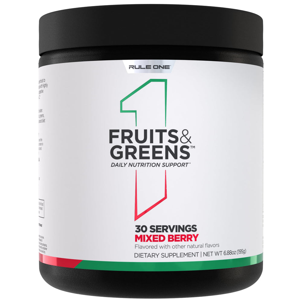 Rule 1 Fruits and Greens powder container highlights 40+ ingredients for daily nutrition