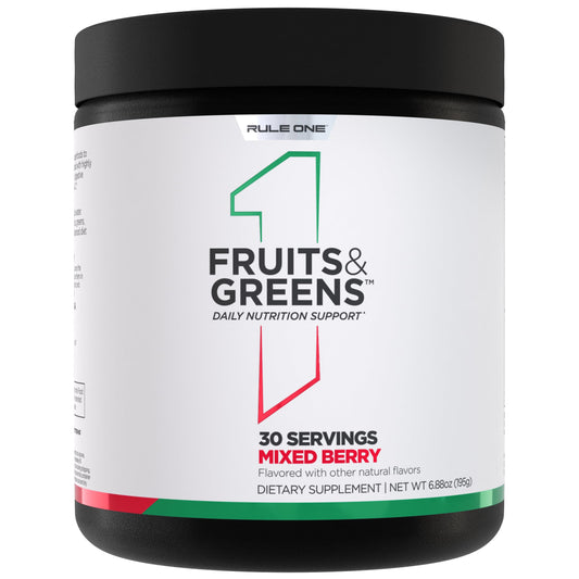 Rule 1 Fruits and Greens powder container highlights 40+ ingredients for daily nutrition