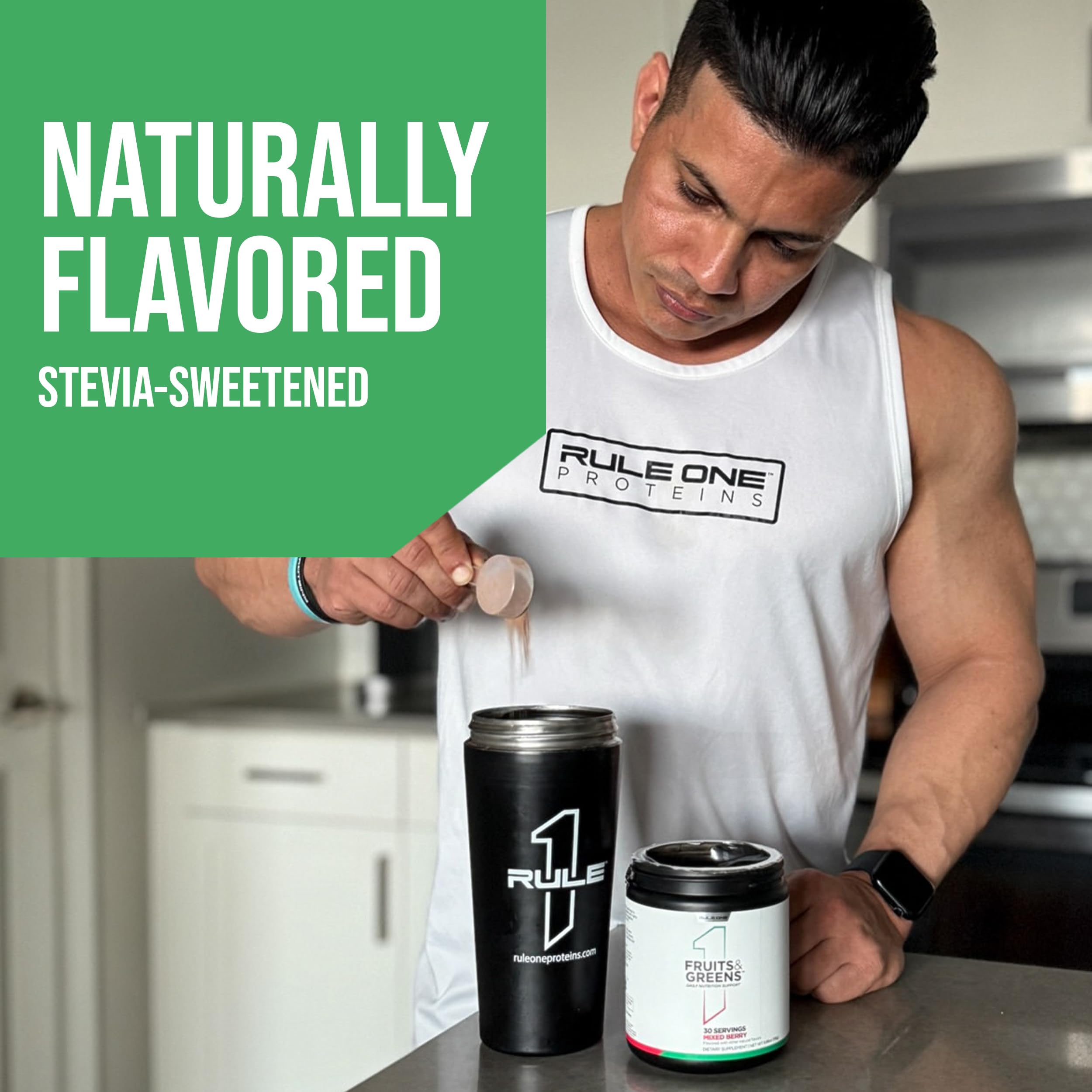 Rule 1 Fruits and Greens daily-use setup with shake ready to mix