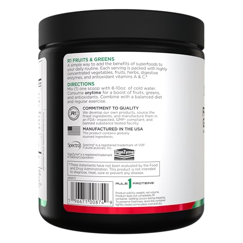 Rule 1 Fruits and Greens powder in glass demonstrates a mixed berry flavor for daily wellness