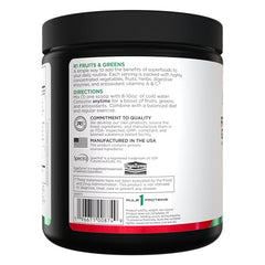 Rule 1 Fruits and Greens powder in glass demonstrates a mixed berry flavor for daily wellness
