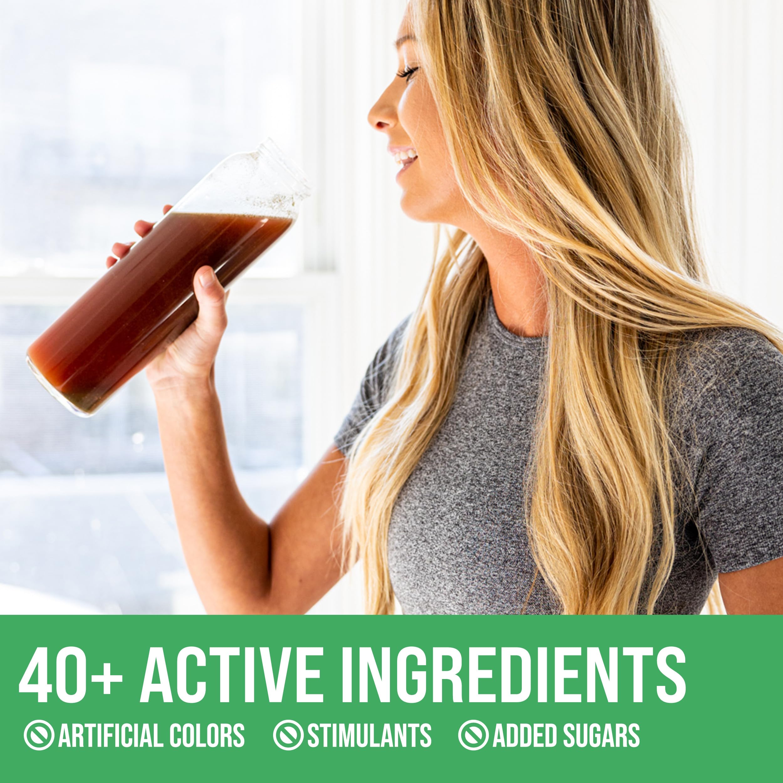 Rule 1 Fruits and Greens powder nutrition facts card highlights antioxidants and vitamins