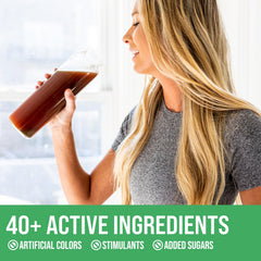 Rule 1 Fruits and Greens powder nutrition facts card highlights antioxidants and vitamins