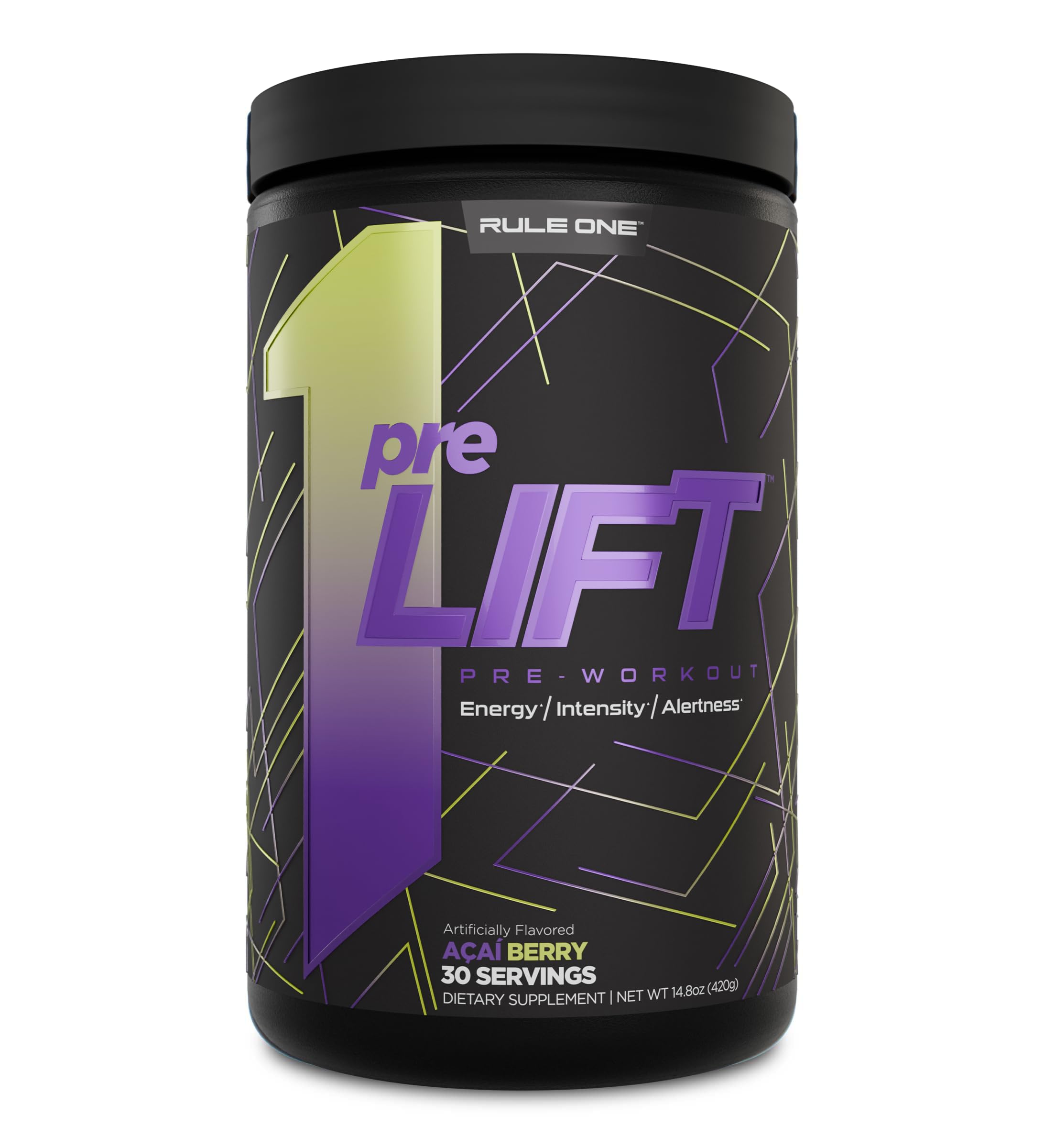 Rule 1 preLIFT acai berry bottle promotes sustained workout energy.
