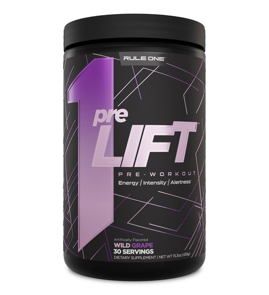 Rule 1 preLIFT bottle pour, quick energy ready for your workout.