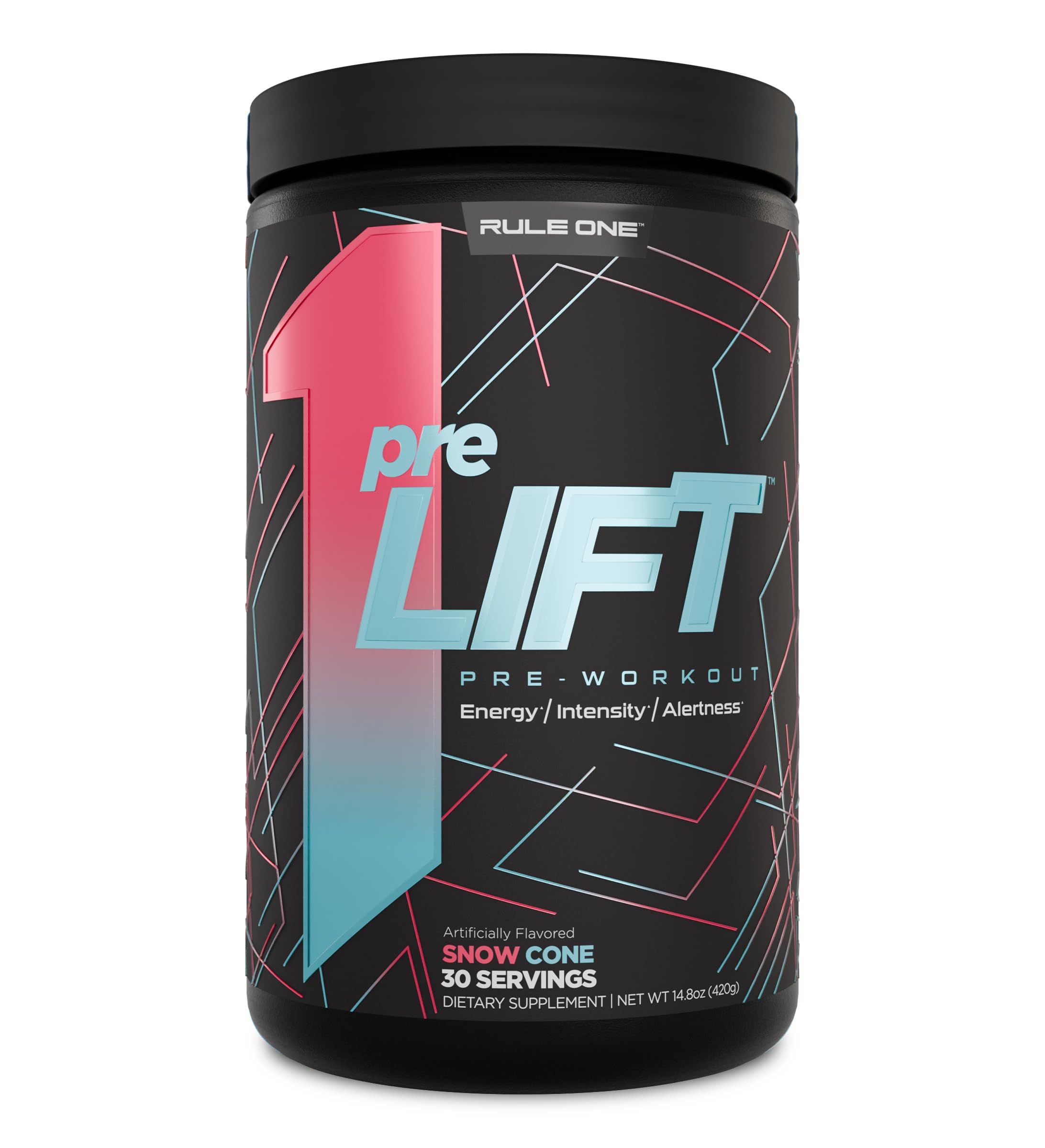 Rule 1 PreLIFT can in Snow Cone flavor for an energizing pre-workout ritual.