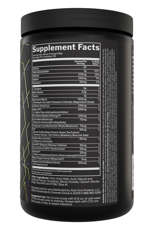 Rule 1 preLIFT acai berry powder tub emphasizes flavor and potency.