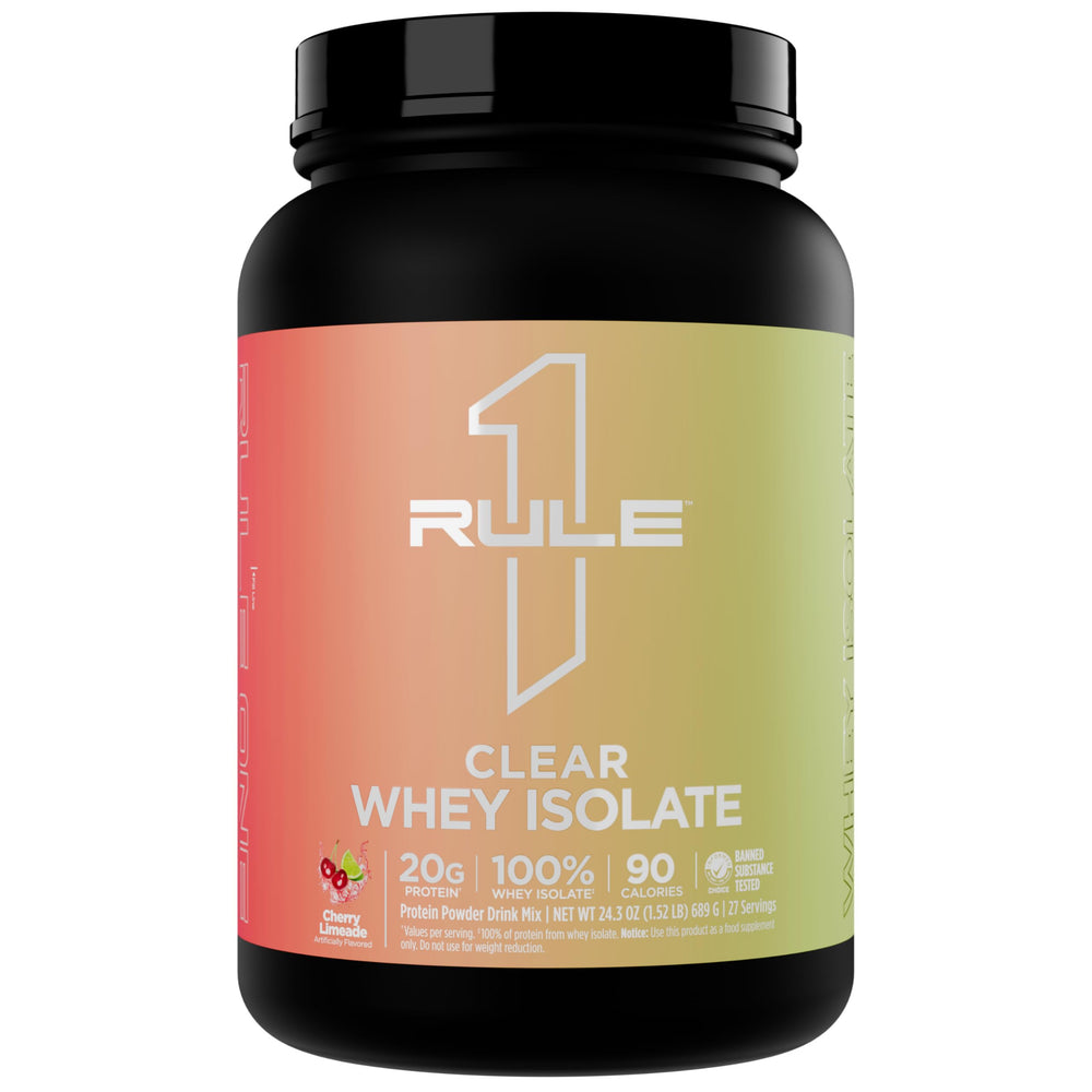 Rule 1 Proteins Clear Whey Isolate bottle shows crisp cherry lime flavor for post-workout refreshment.