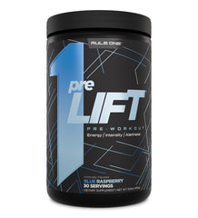Rule 1 preLIFT blue raspberry bottle close-up for energy