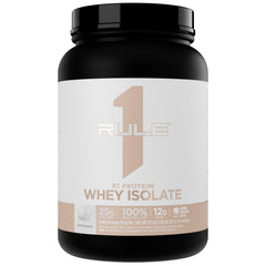 Rule 1 Proteins R1 Whey Isolate bottle front shows a clean, naturally flavored protein option.