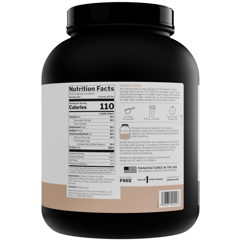 Rule 1 Proteins R1 Whey Isolate label closeup highlights clean formula