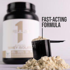 Rule 1 Proteins R1 Whey Isolate packaging emphasizing natural flavor.