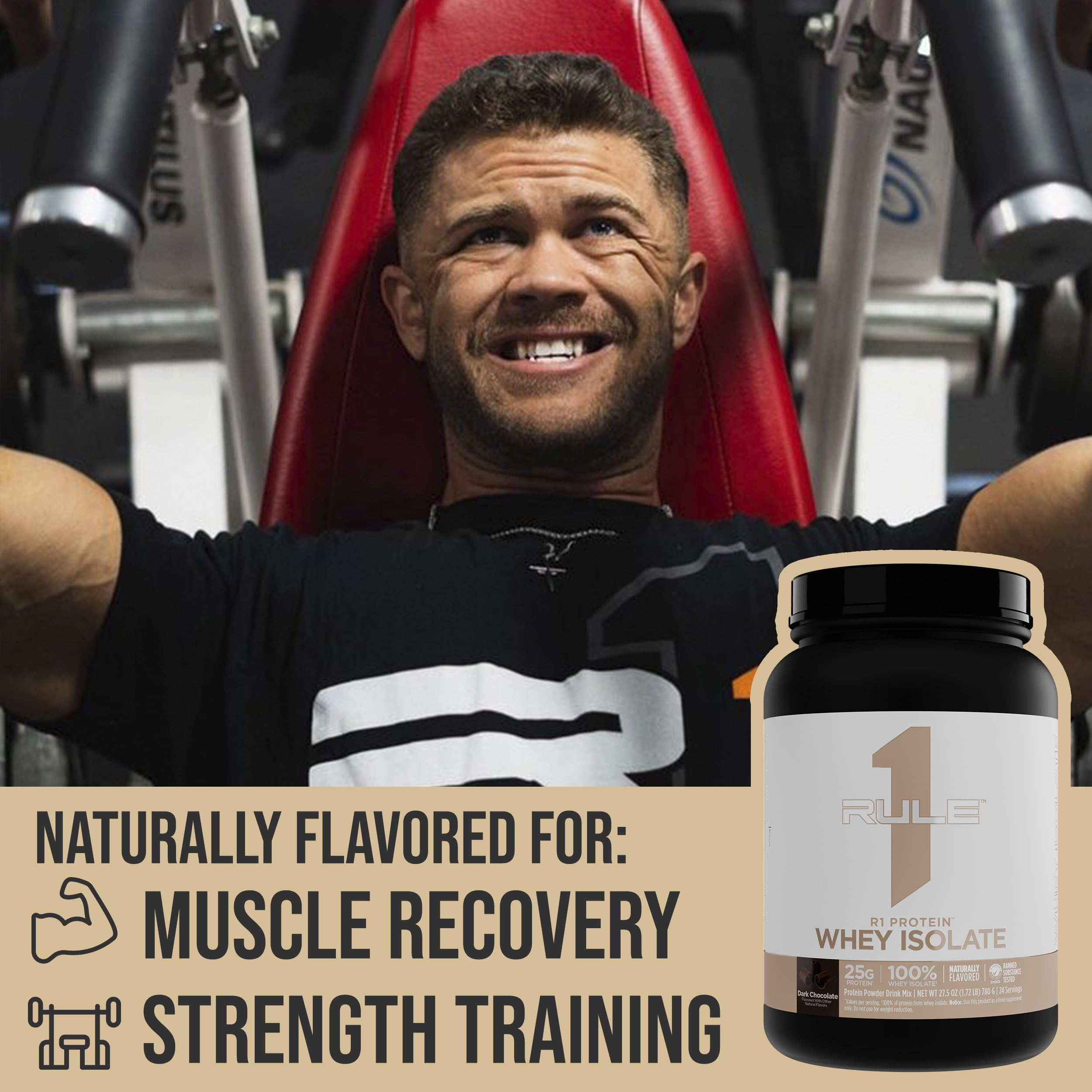 Rule 1 Proteins R1 Whey Isolate scoop beside a filled shaker