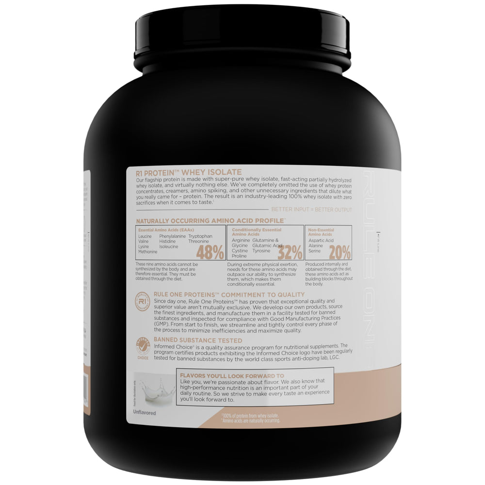 Rule 1 Proteins R1 Whey Isolate tub front with 4.3 lb
