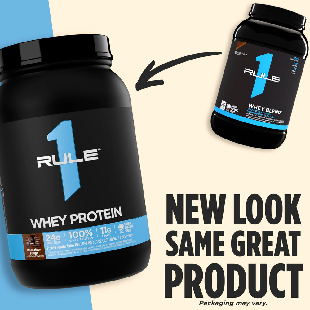 Rule 1 Whey Powder Jar highlighting premium blend.