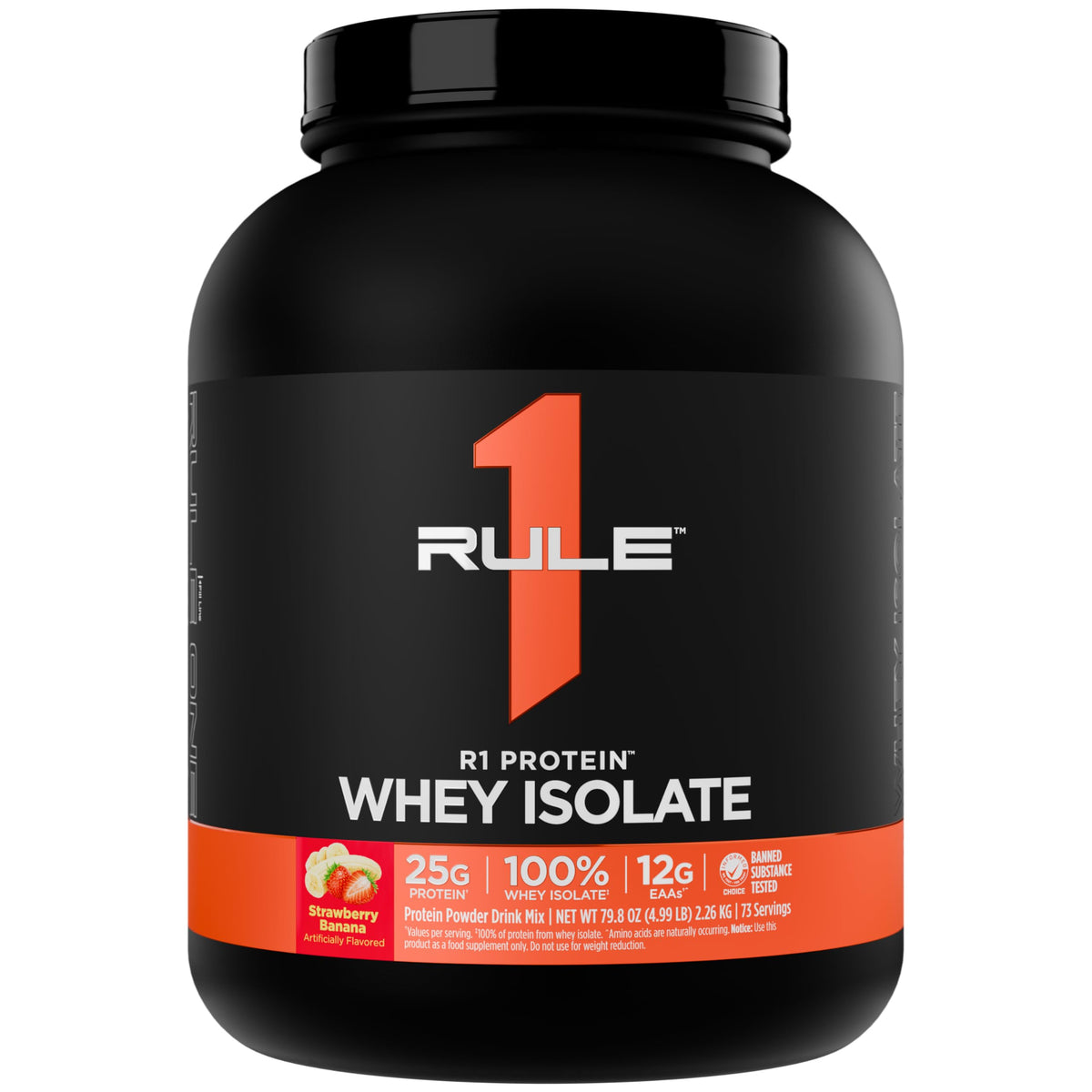 Rule 1 R1 Protein Whey Isolate bottle front highlights premium whey for workouts.