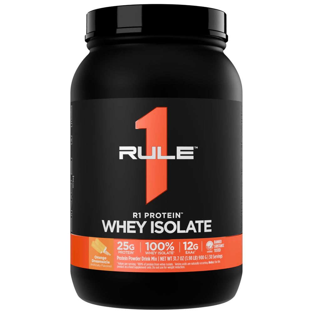Rule 1 R1 Protein Whey Isolate orange dreamsicle bottle ready for post-workout fueling