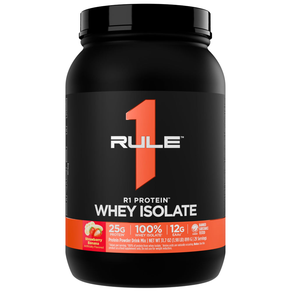 Rule 1 R1 Whey Isolate bottle highlighting premium protein for post-workout recovery