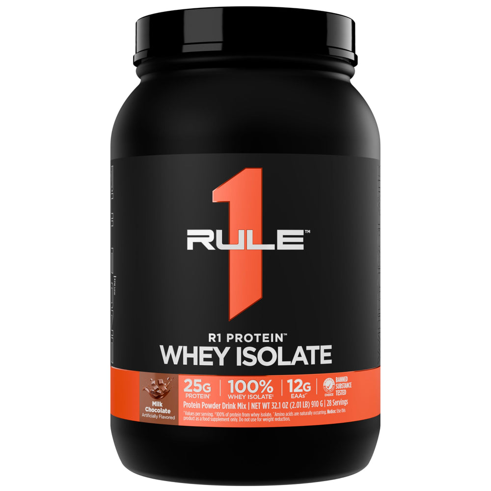 Rule 1 R1 Whey Isolate Milk Chocolate tub for post-workout recovery