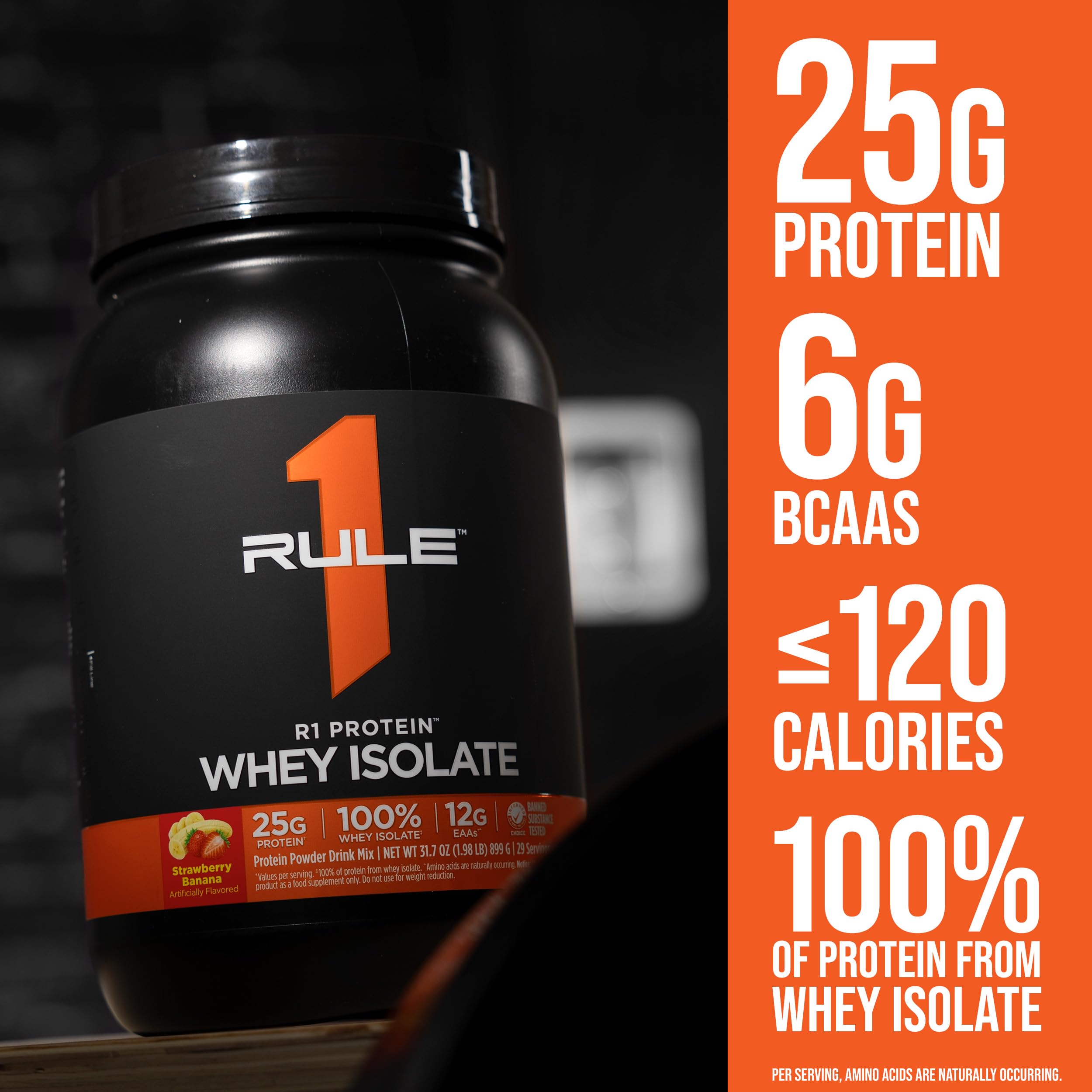 Rule 1 R1 Whey Isolate Milk Chocolate bottle beside a ready shake