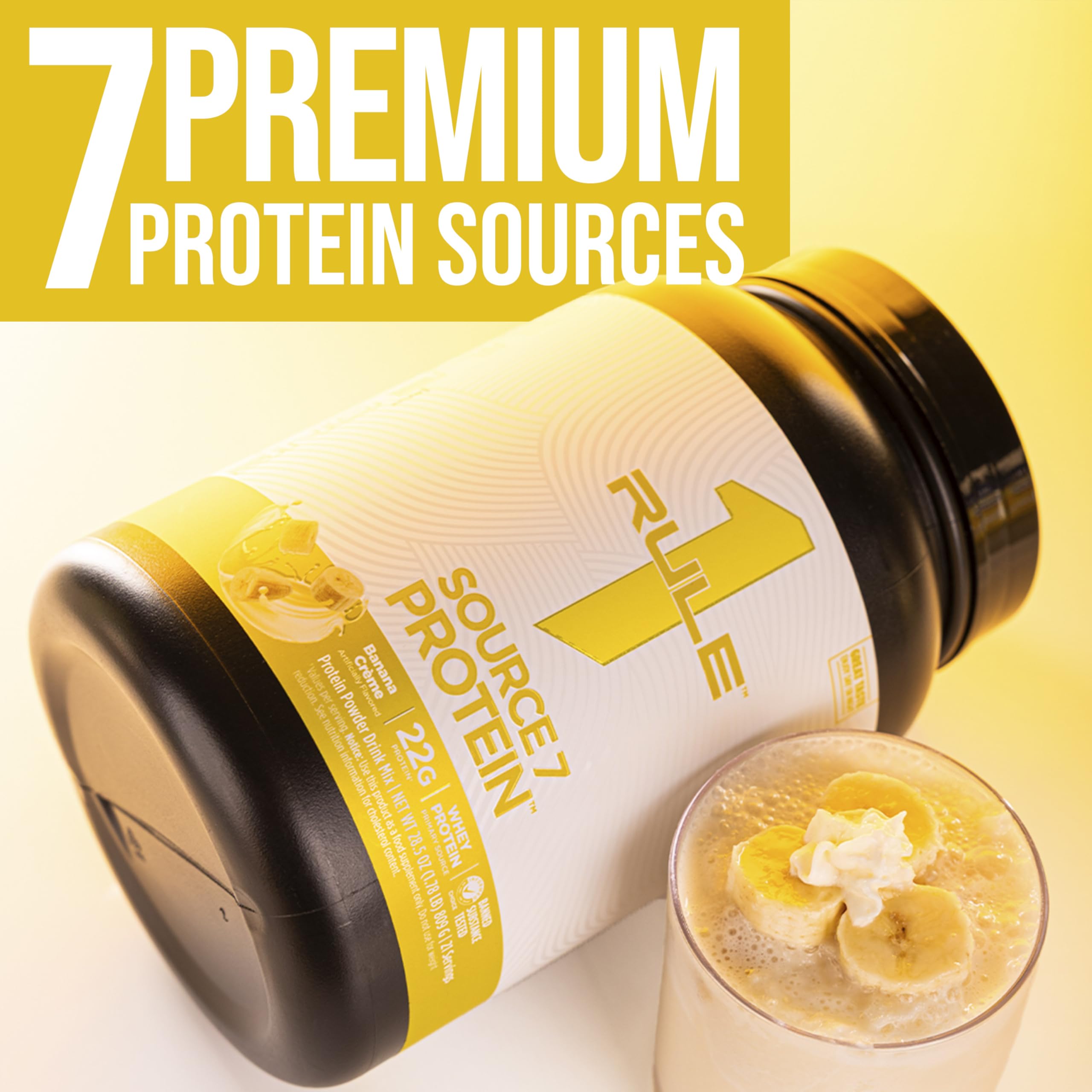 Rule 1 Proteins Source 7 GMP badge signals clean manufacturing.