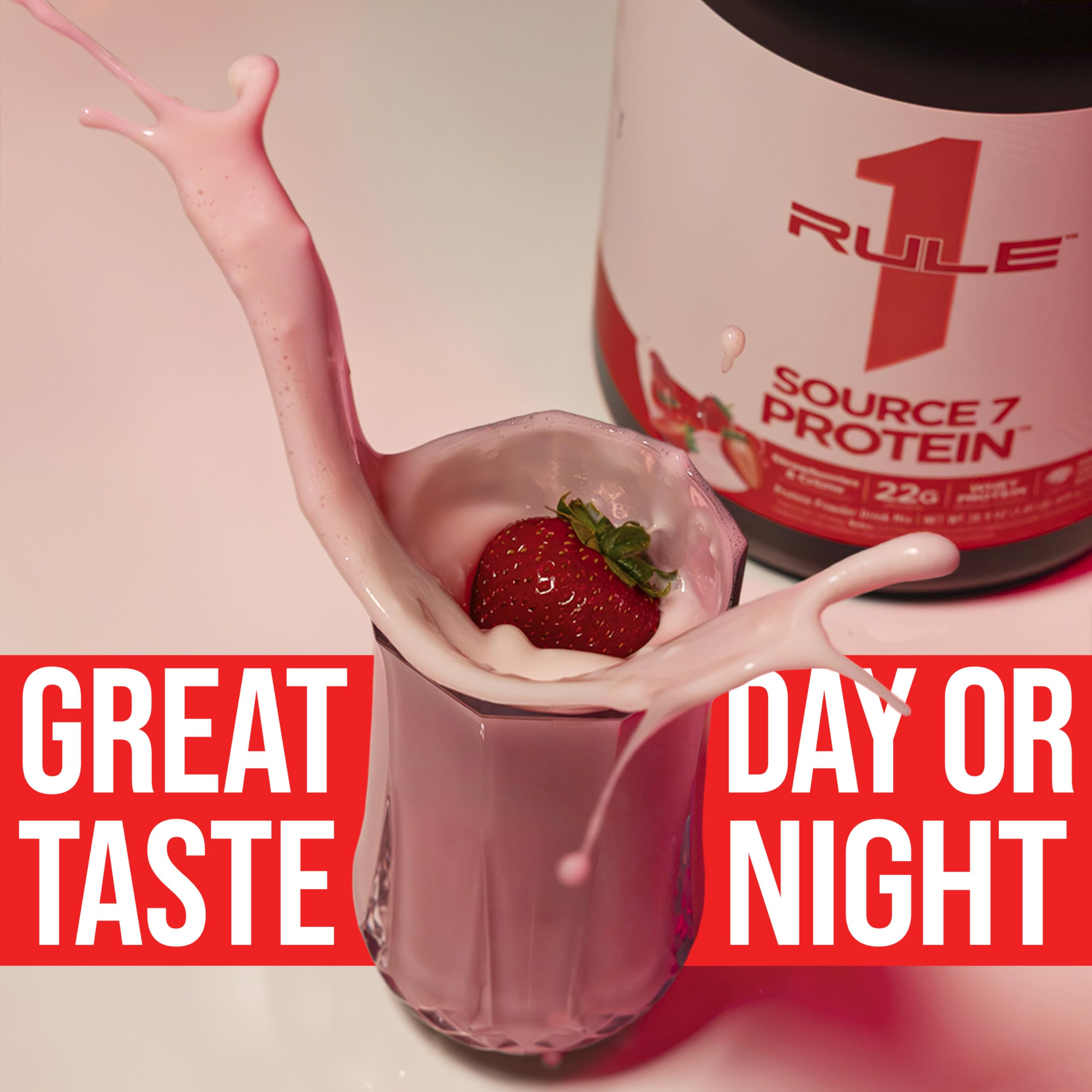 Rule 1 Proteins Source 7 nutrition label shows 22 g per scoop.