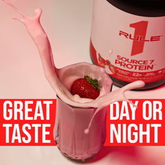 Rule 1 Proteins Source 7 nutrition label shows 22 g per scoop.