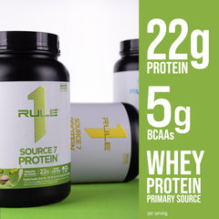 Rule 1 Proteins Source 7 packaging label highlights seven-protein blend.