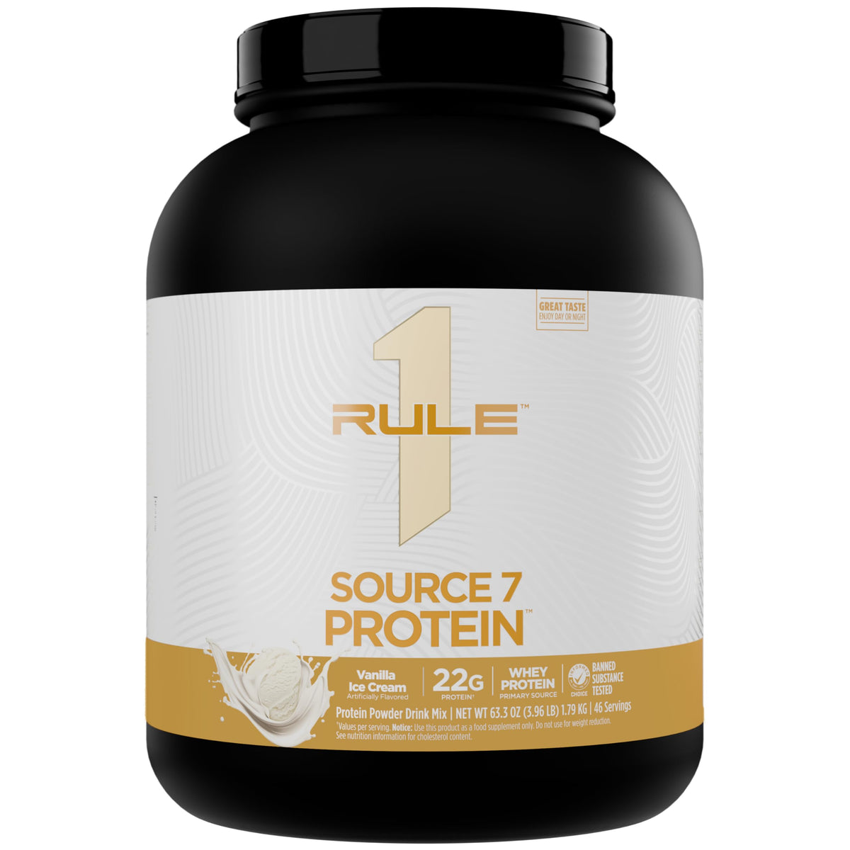 Rule 1 Proteins Source 7 vanilla powder bag with a high-protein, premium blend.