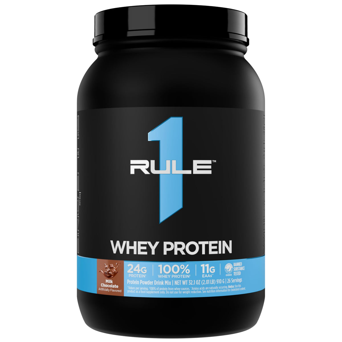 Rule 1 Whey Protein bottle closeup shows premium recovery protein.