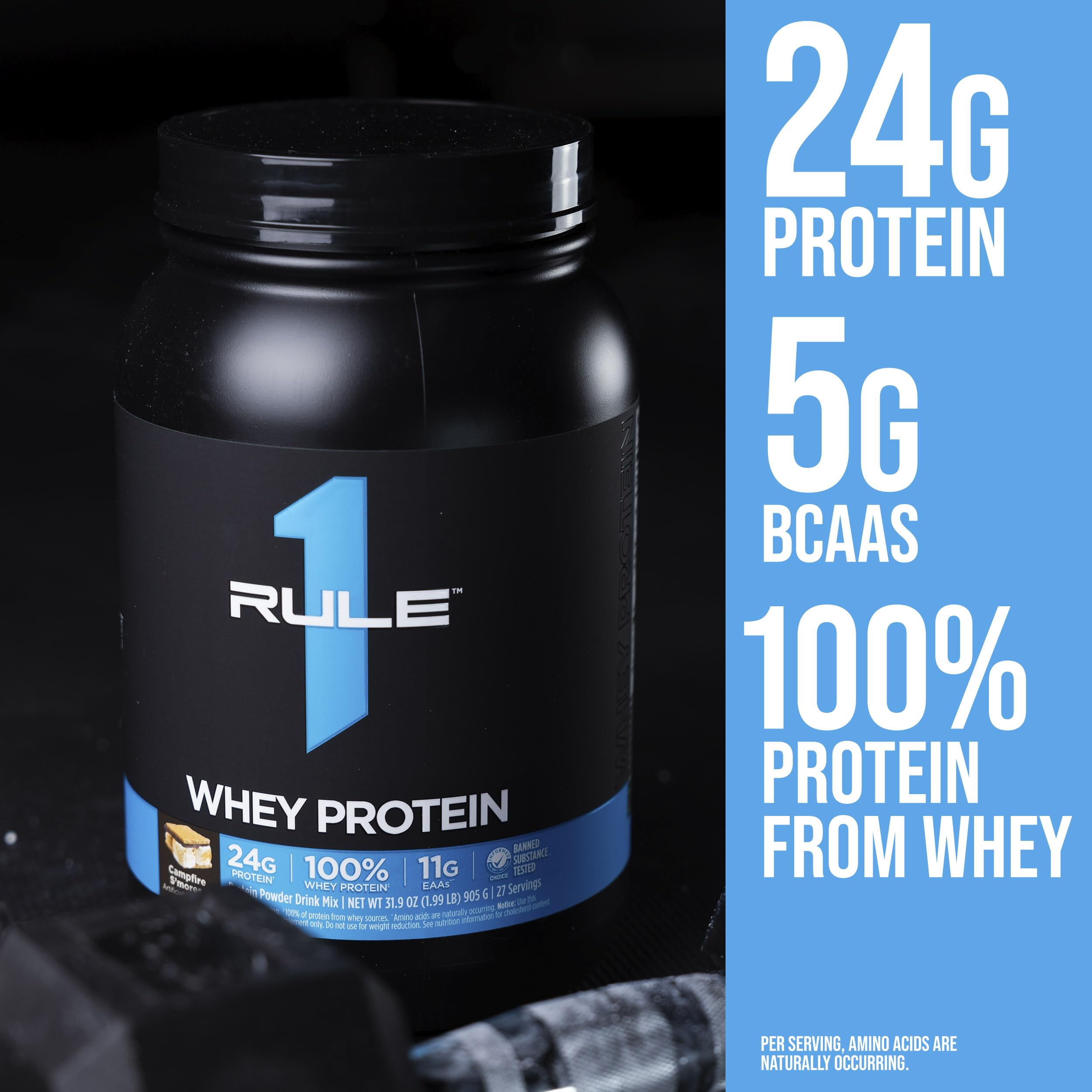 Rule 1 Whey Protein nutrition facts panel shows 24g per serving