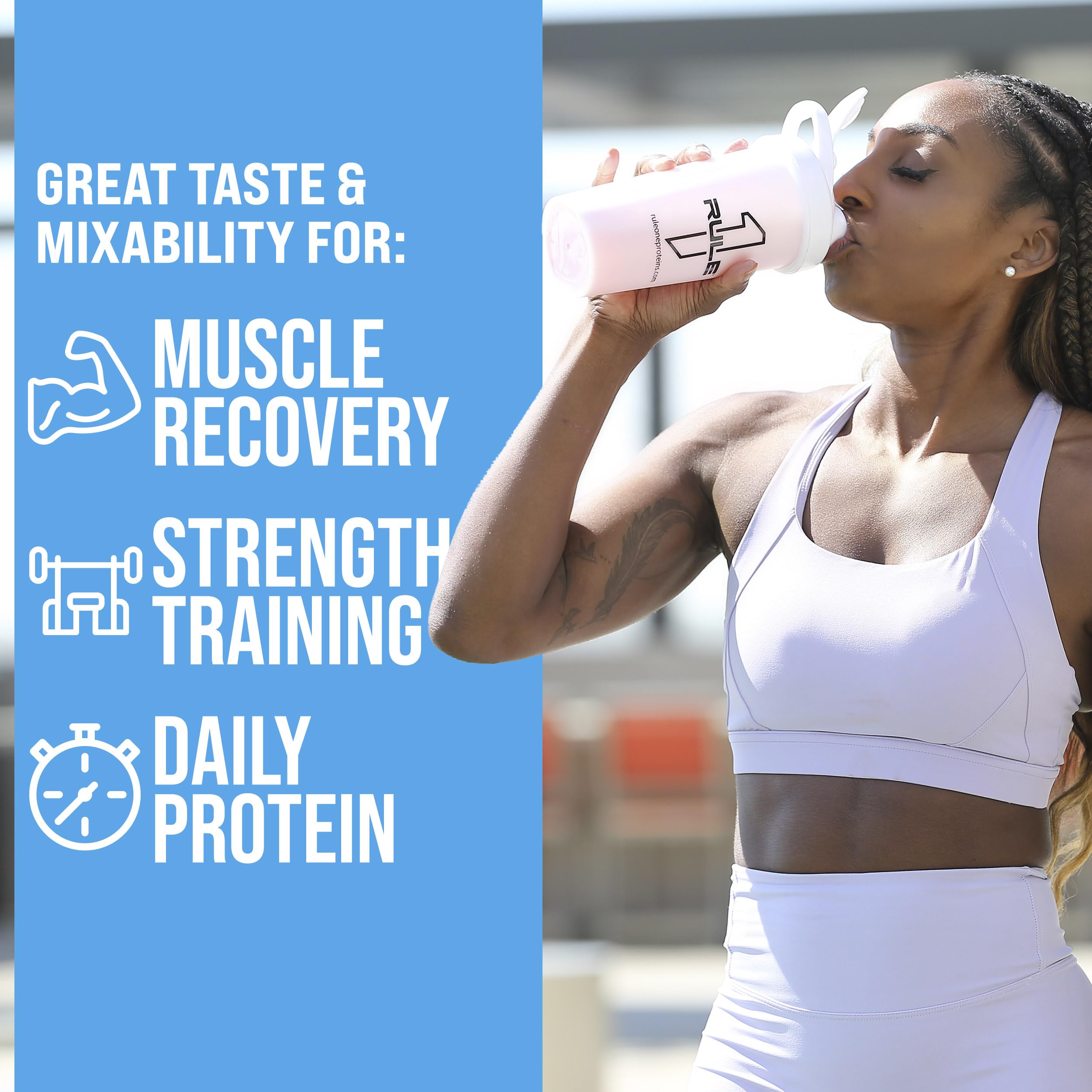 Rule 1 Whey Protein shaker bottle ready for gym sessions and commutes.