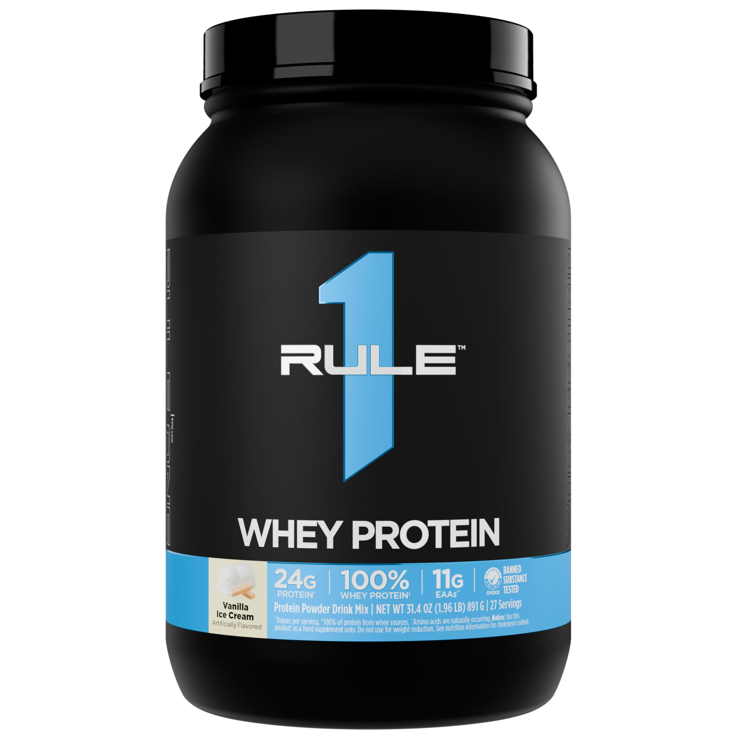Rule 1 Whey Protein vanilla ice cream bottle for convenient 2 lb daily fueling.