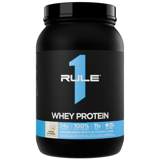 Rule 1 Whey Protein vanilla ice cream bottle for convenient 2 lb daily fueling.