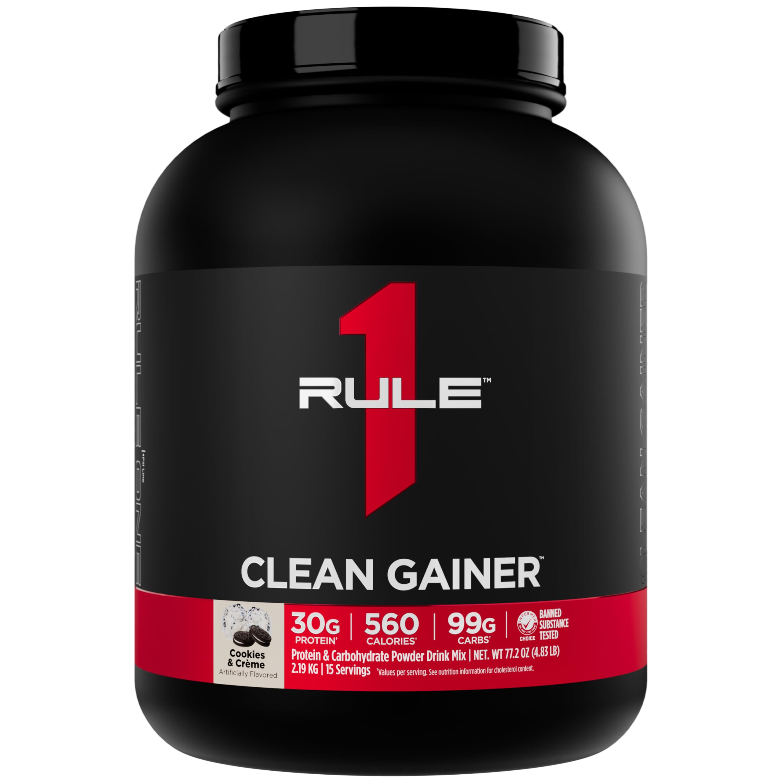 Rule 1 Clean Gainer bottle shows 560 calories for lean gains and easy dosing