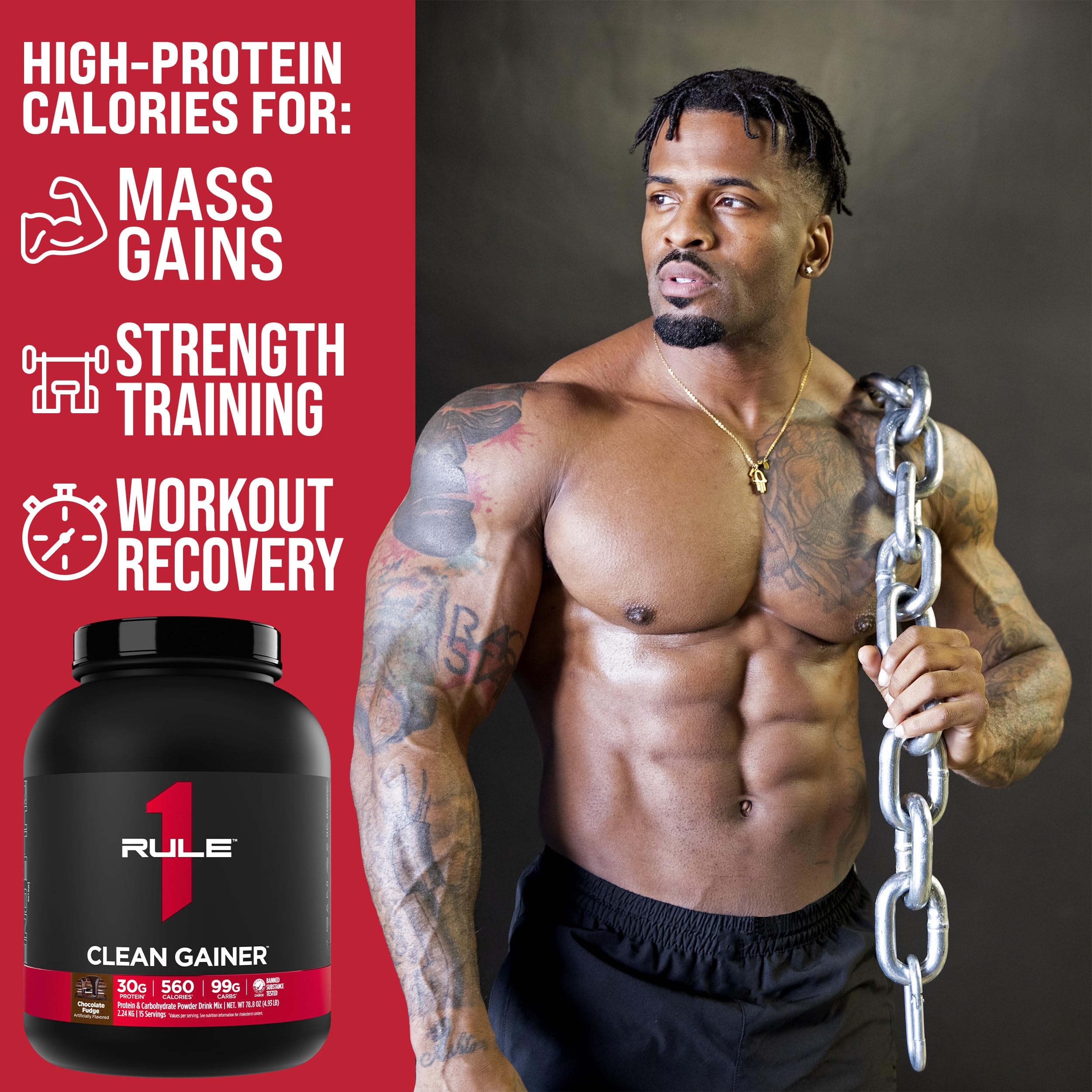 Rule 1 Clean Gainer tub asset highlights scalable sizes and flavors