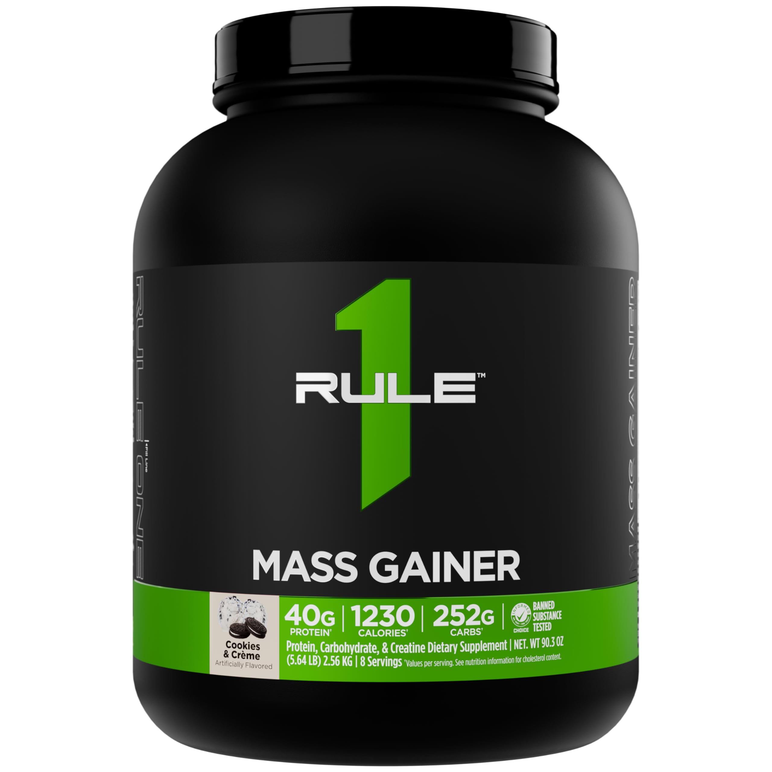Rule 1 Mass Gainer bottle close-up showing high-calorie formula for weight gain.
