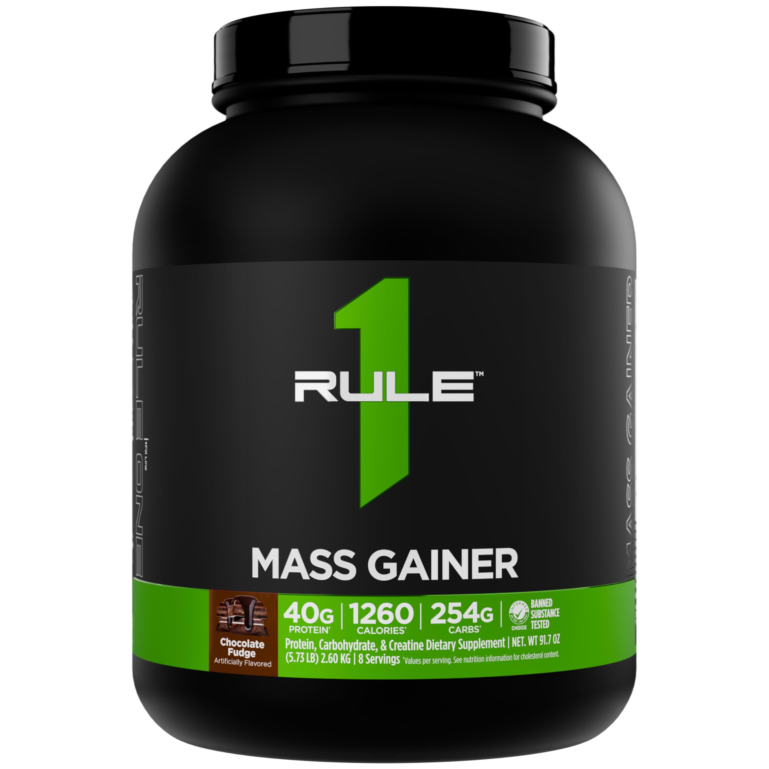 Rule 1 Mass Gainer chocolate fudge tub with scoop for high-calorie fueling.