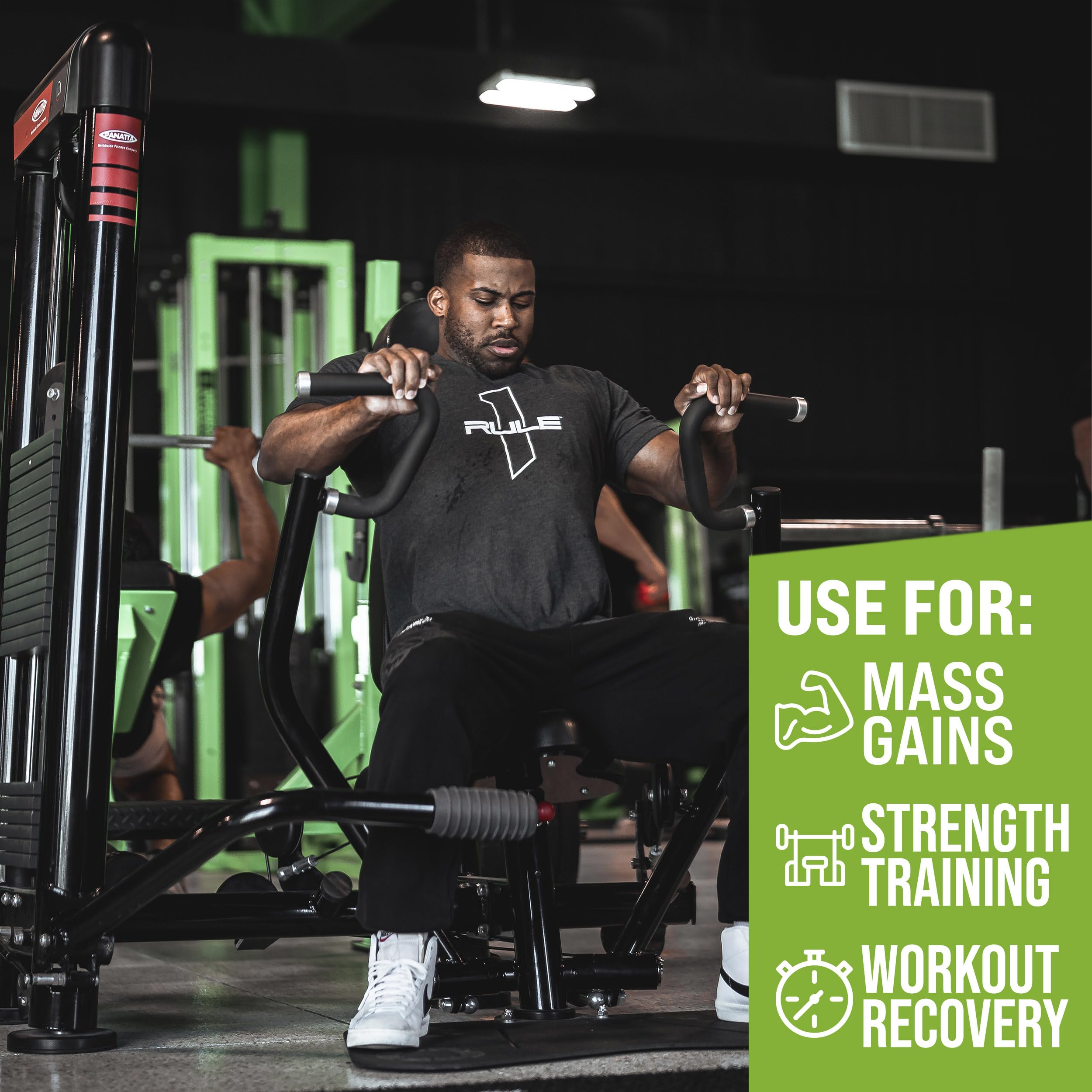 Rule1 Mass Gainer ingredients closeup highlights whey blend and supporting nutrients