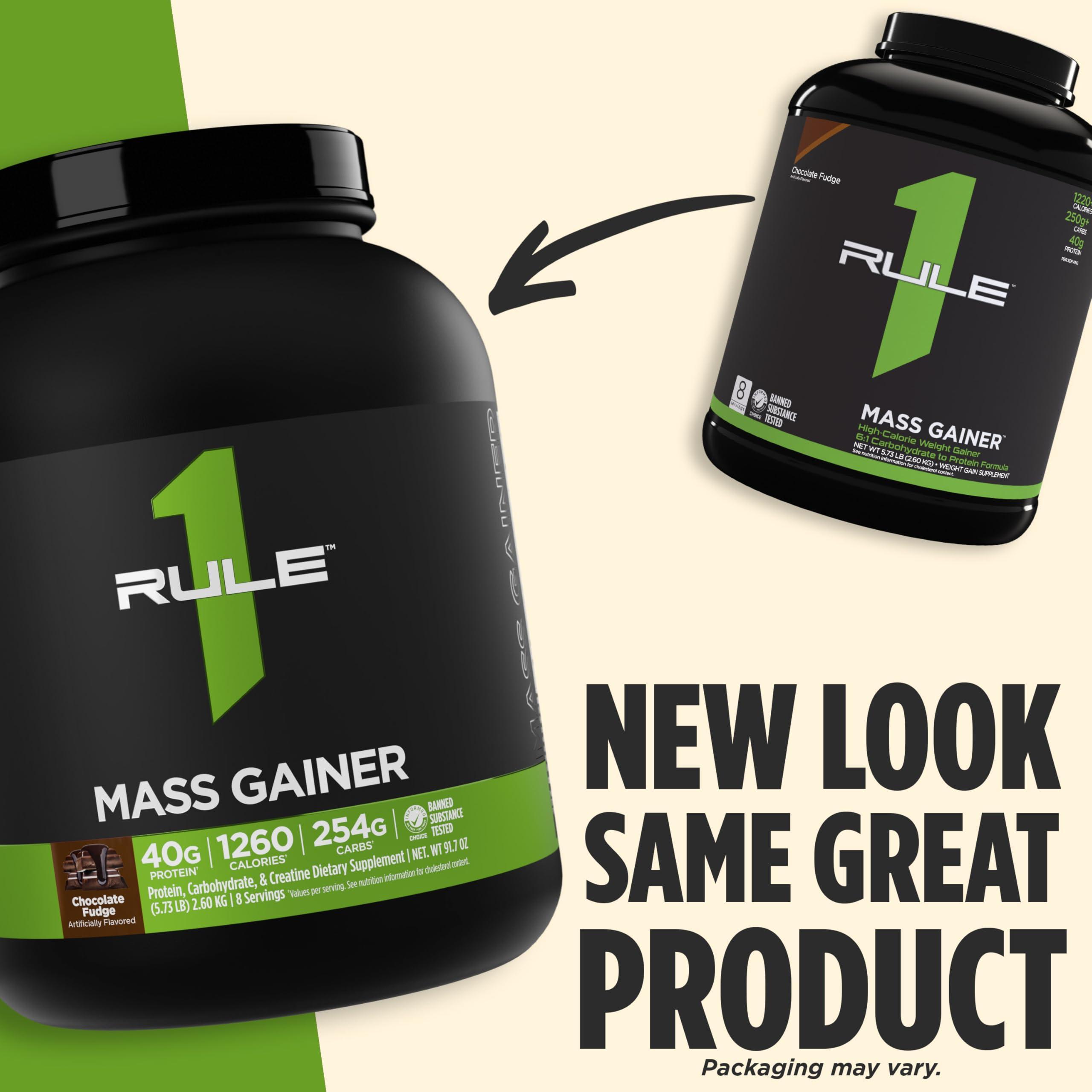 Rule 1 Mass Gainer label emphasizes 1,220+ calories per serving.