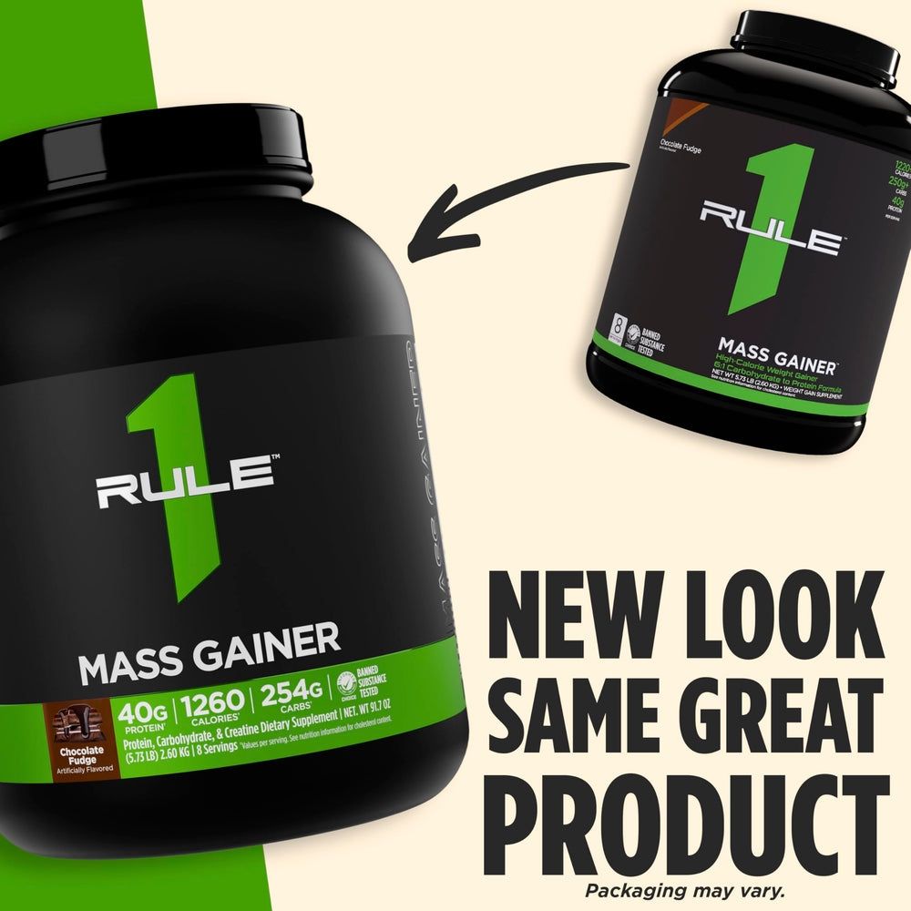 Rule 1 Mass Gainer label emphasizes 1,220+ calories per serving.