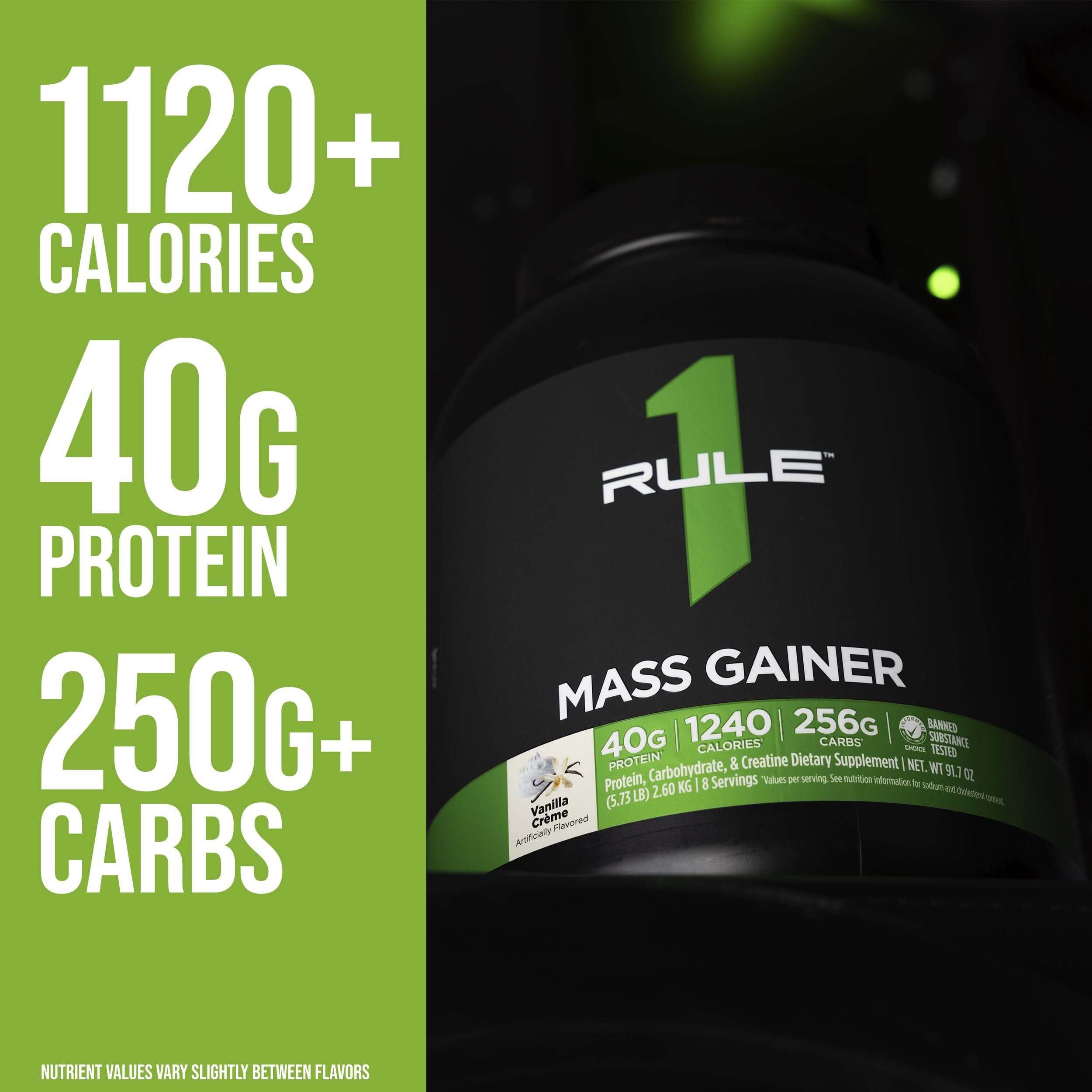 Rule1 Mass Gainer powder scoop emphasizing convenient serving size