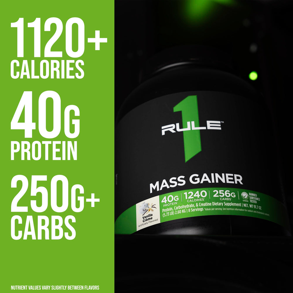 Rule1 Mass Gainer powder scoop emphasizing convenient serving size