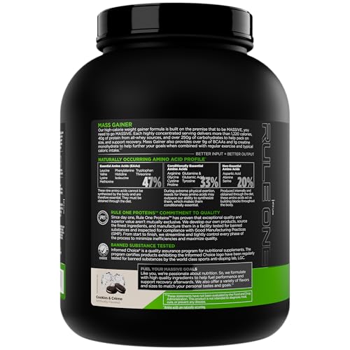 Rule 1 Mass Gainer scoop in measuring cup shows serving size.