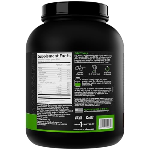 Rule 1 Mass Gainer scoop beside tub highlights 40g protein per serving.