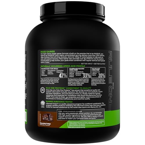 Rule 1 Mass Gainer shake poured in glass shows creamy chocolate fudge.