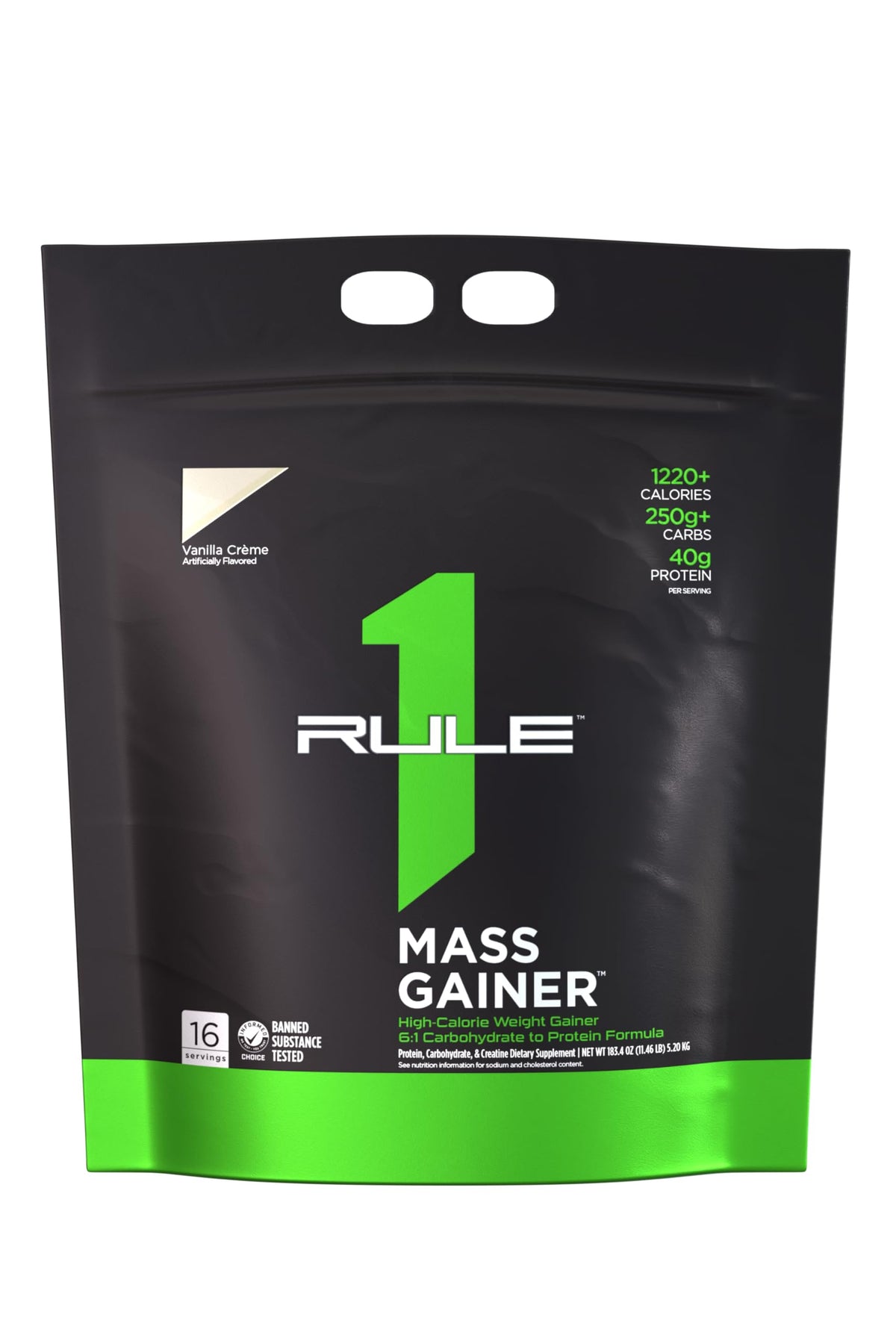 Rule1 Mass Gainer Vanilla Creme bottle highlighting high-calorie formula for gains